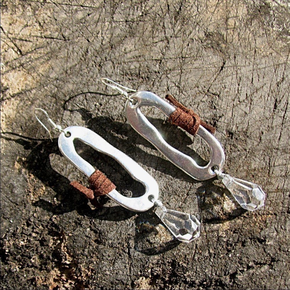 Custom Boho Chic Crystal Leather Silver Earrings